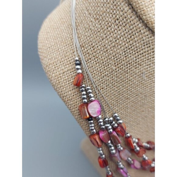 Beachy Silver Tone Pink Dyed Abalone Shell Multi Strand Wire Collar Bib Necklace - Picture 4 of 7